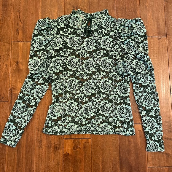 Anthropologie Dolan Green Lace Long Sleeve Ruffle Collar Puff SleeveTop Sz Small - Picture 5 of 12